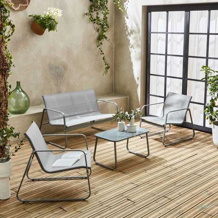 Conjunto de muebles de jardín de metal y textilene para 4 personas. Gris claro. Diseño