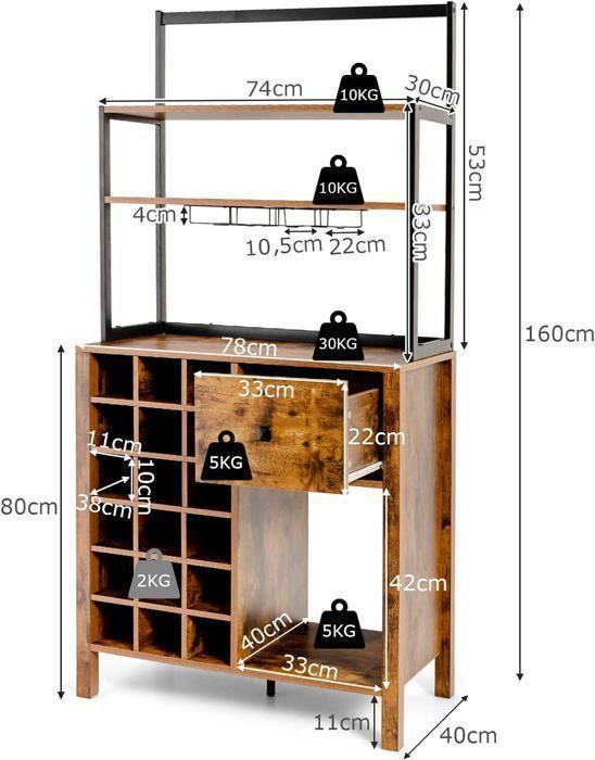Botellero GOPLUS para 18 botellas, 78x40x160cm, con 3 estantes abiertos, mueble de almacenamiento de cocina de estilo industrial.