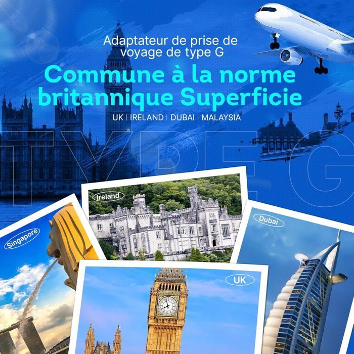 Adaptador de enchufe británico: adaptador de enchufe británico a francés con 1 puerto USB y 1 puerto USB tipo C, adaptador tipo G para Irlanda y el Reino Unido.