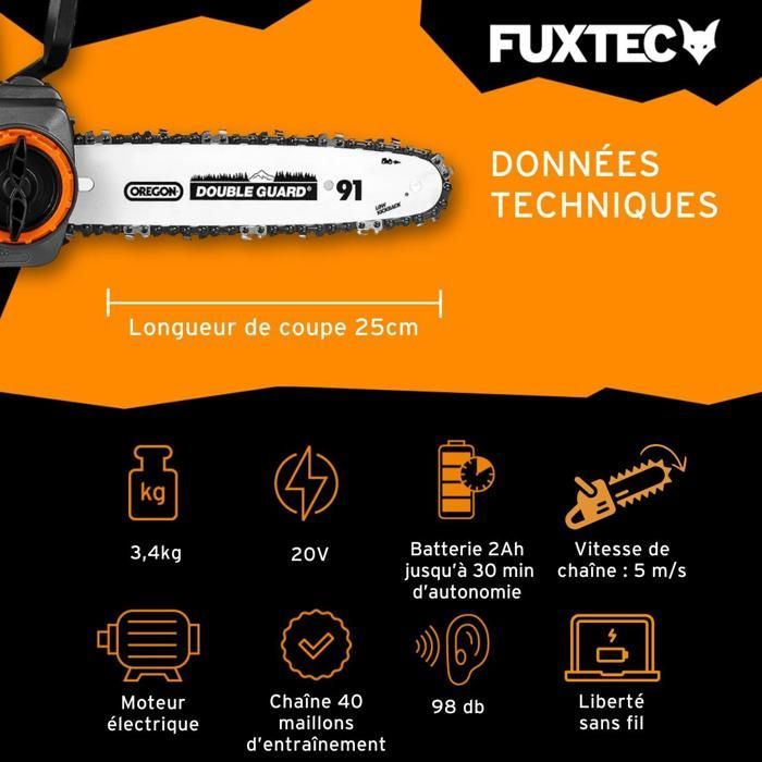Tronçonneuse batterie - FUXTEC FX-E1KS20 - 20V Guide 10 pouces - Set batterie 2Ah et chargeur 2,4A