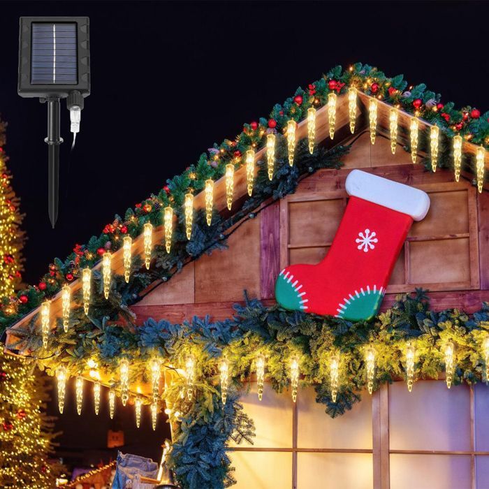 Luzes de Natal Riossad com 80 LEDs em formato de pingente de gelo, movidas a energia solar, ideais para iluminação de Natal, jardim, áreas externas e internas.