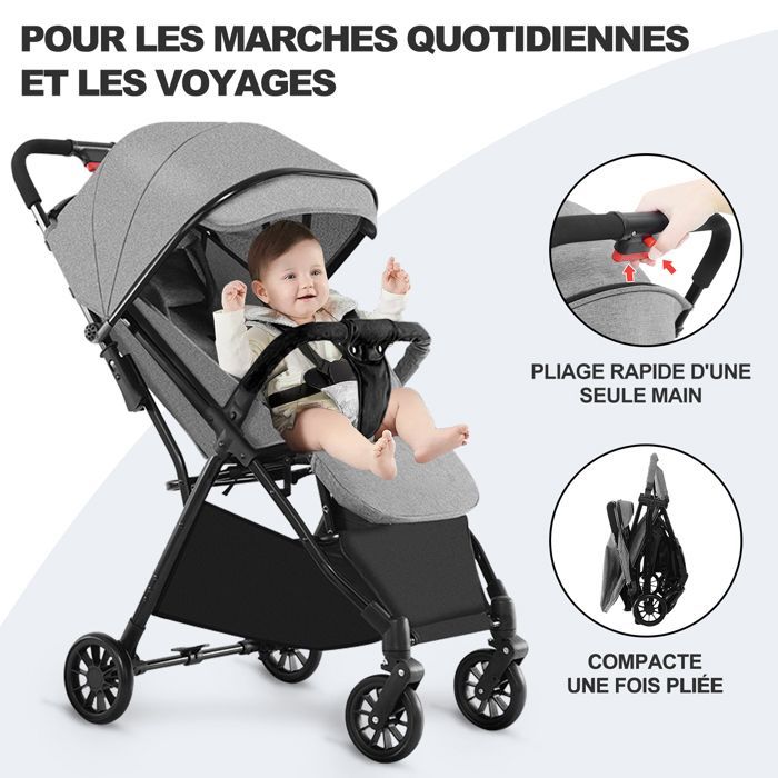 Ultracompacte stadsbuggy - Van 0 tot 36 maanden, tot 15 kg - Inklapbaar met één druk op de knop, verstelbare rugleuning, dubbele rem - Grijs