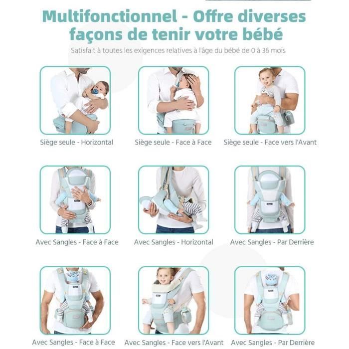 Portabebés ergonómico con capucha extraíble, cómodo, transpirable y ajustable, de algodón - Azul - 0-36 meses
