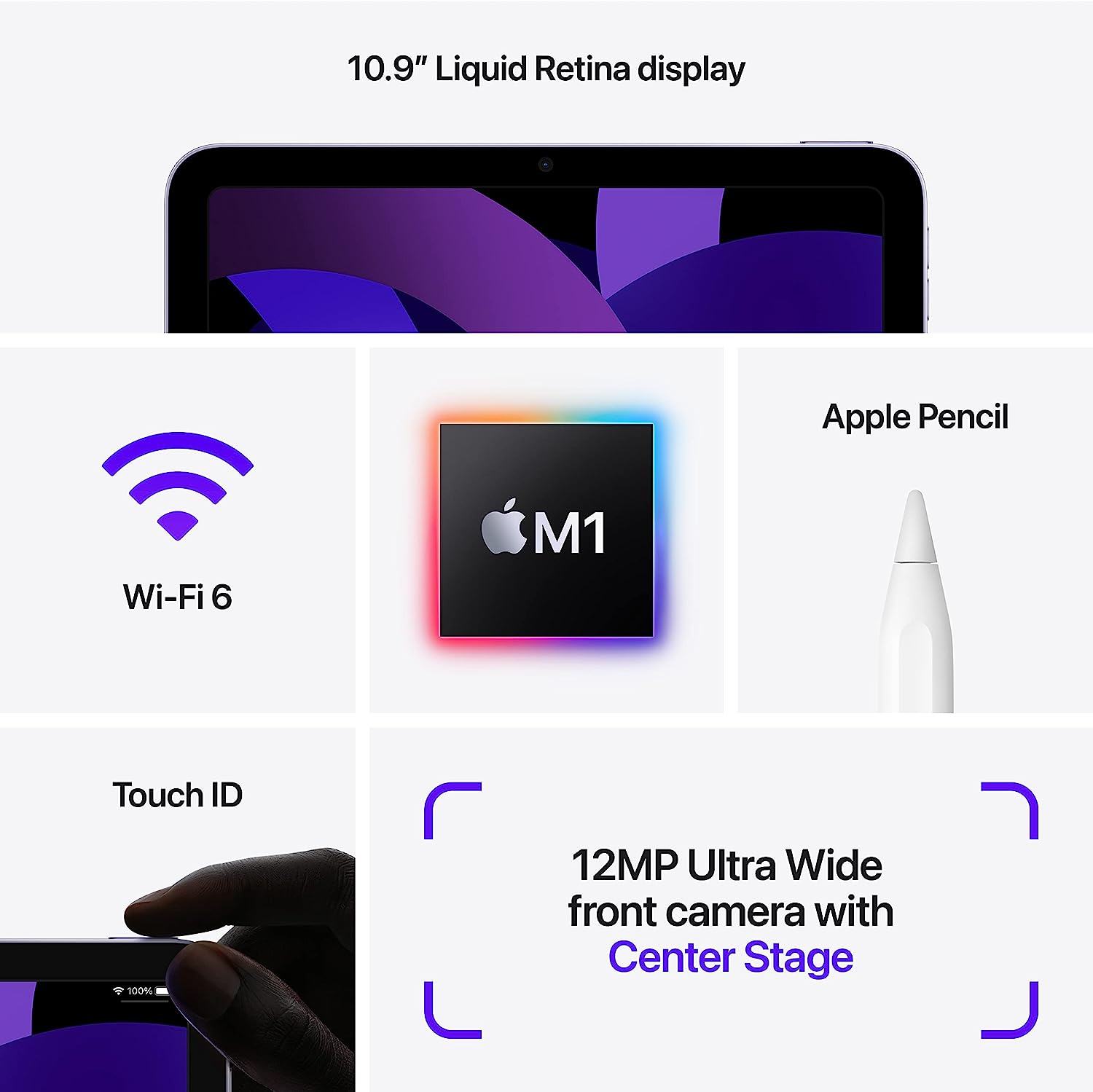 Apple iPad Air (5e generatie): met M1-chip, 10,9-inch Liquid Retina-display, Wi-Fi 6, 12 MP camera aan de voorzijde/12 MP camera aan de achterzijde, Touch ID, batterijduur van een hele dag – Paars
