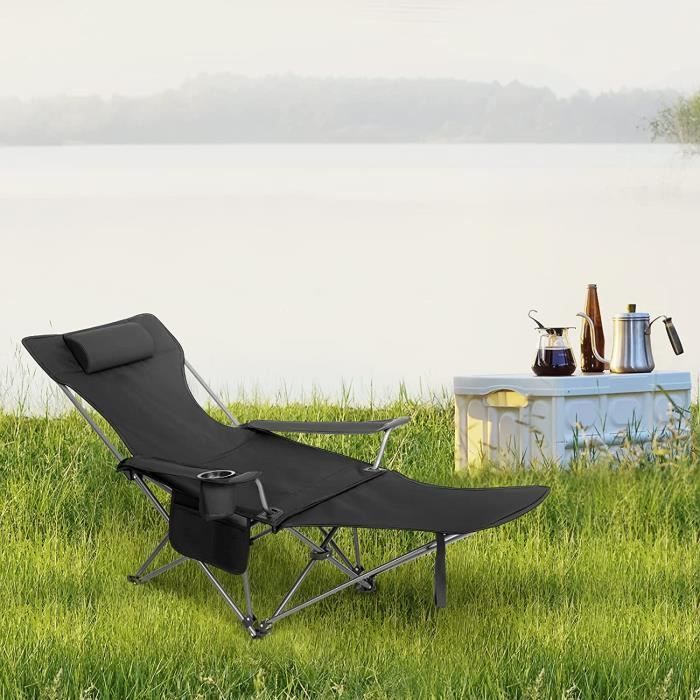 Silla de camping WOLTU con reposacabezas, portavasos, bolsillo de almacenamiento, bolsa de transporte, capacidad de carga de 150 kg, color negro CPS8148sz
