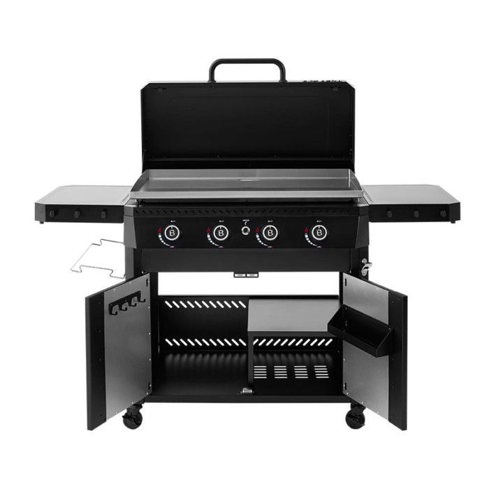 Plancha gaz Stellar 900 sur chariot 4 feux  – BRASERO BY FAVEX – Plaque inox XXL 86 x 53 cm – 16 kW – 12 à 14 convives - Capot