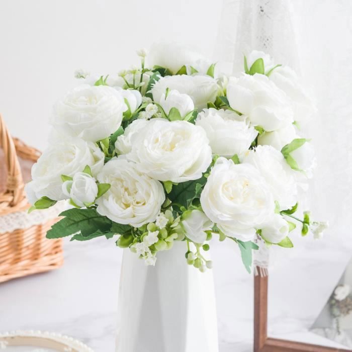 Paquete de 4 (5 cabezas) ramos de peonías blancas artificiales para decoración de bodas y arreglos florales.