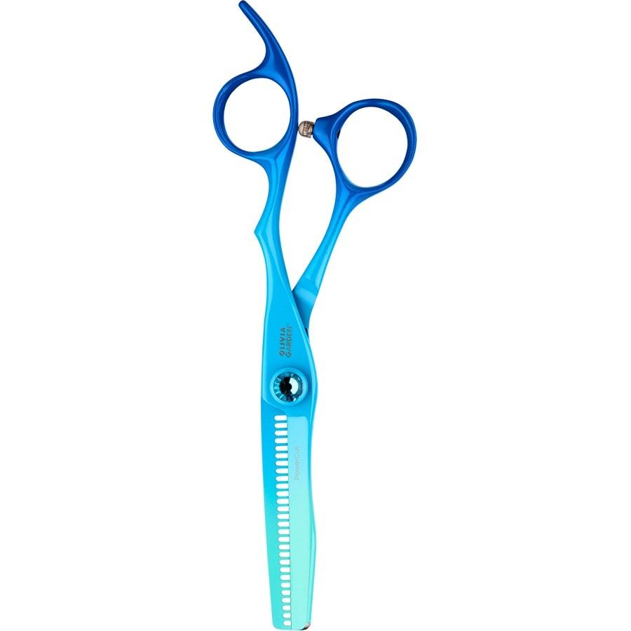 Kadernícke nožnice Olivia Garden, európsky štýl, 28 zubov, eroticky tvarujúce, 15,2 cm, pre pravákov, dúhovo modré – 1 kus