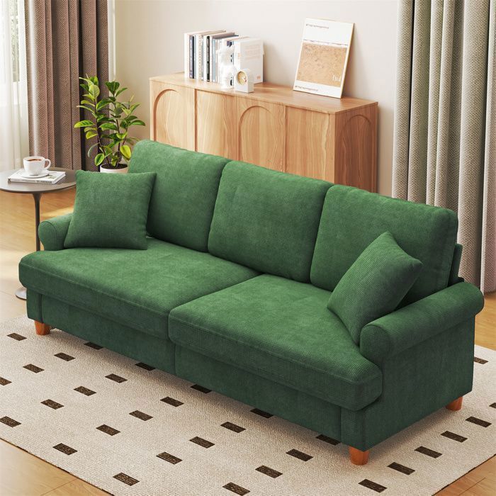 Stor 3-personers grøn chenillesofa med armlæn, hynder og puder, skandinavisk sofa til stue, 220×74×86 cm