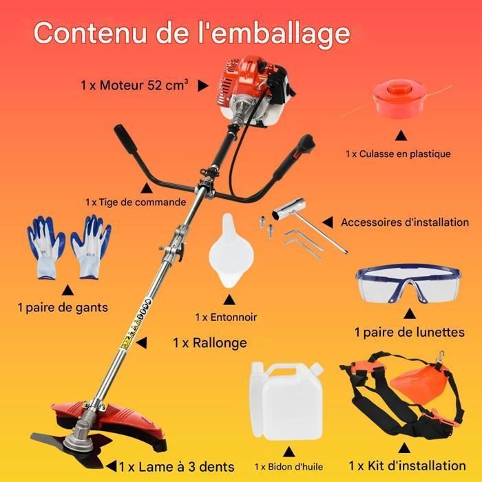 Desbrozadora de gasolina de 52 cc, 2500-3000 rpm, 2,2 kW/8500 rpm, 101 dB, 1,2 L, 2 tiempos, diámetro de la cuchilla de 27 cm, 180 x 35 x 35 cm, roja.