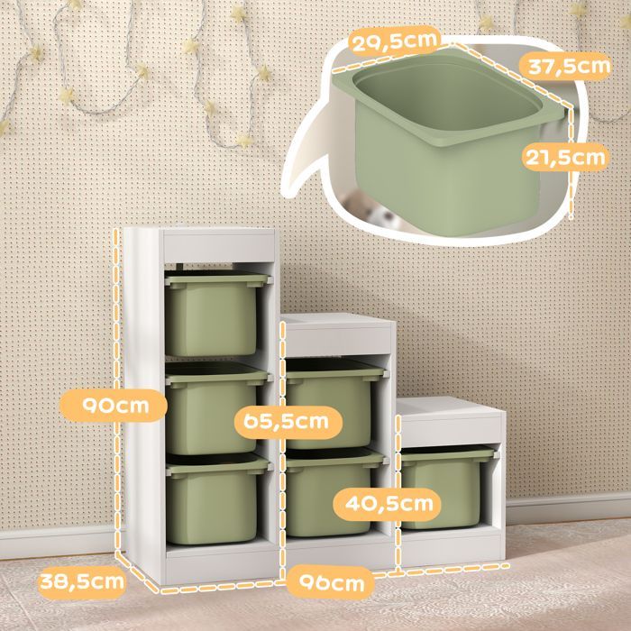 Mueble de almacenamiento de juguetes infantiles - AIYAPLAY - con 6 cajones extraíbles - 3 niveles de almacenamiento - 96 x 38,5 x 90 cm - Verde