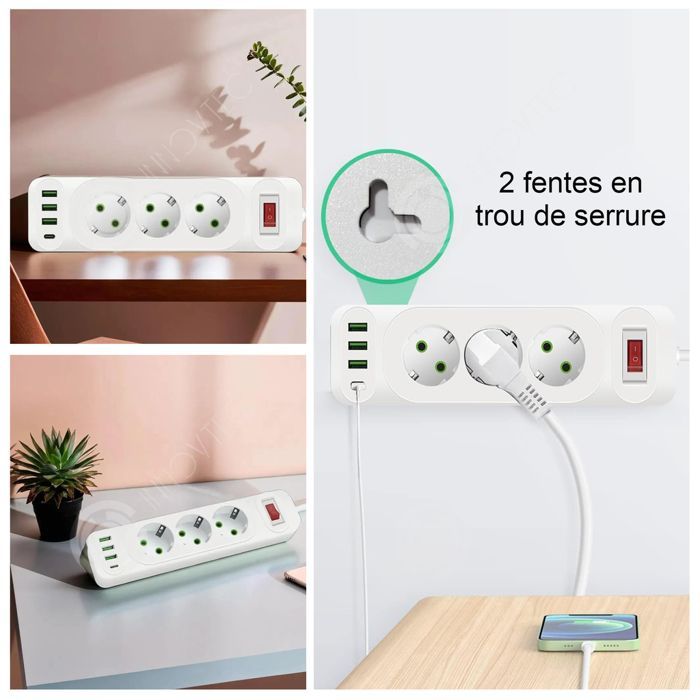 INN Steckdosenleiste mit 3 Steckdosen, 2 USB-Anschlüssen und 1 USB-C-Anschluss, mit Schalter, 2 m Kabellänge, Überspannungsschutz, Weiß
