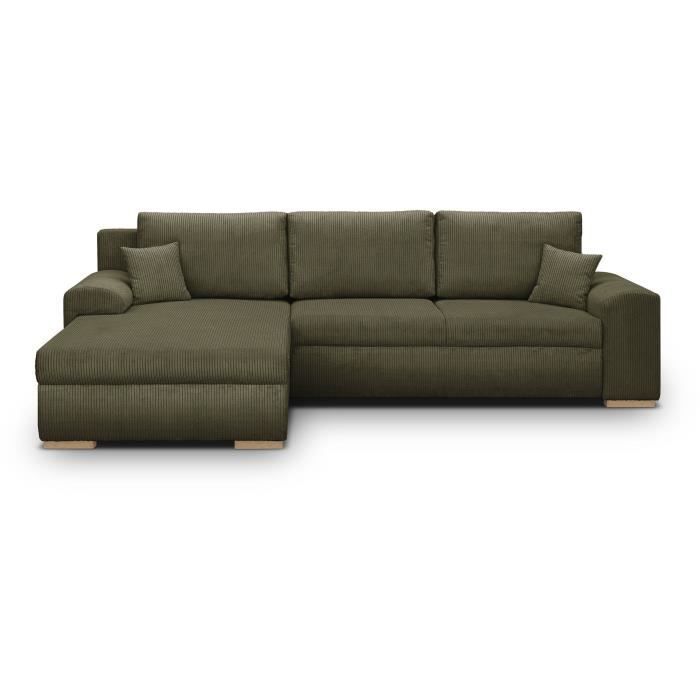 Convertibele hoekbank - 5 zitplaatsen - INDIAN - Corduroy stof, kaki groen - Opbergvak - 289 x 94 cm / 188 x 88 cm