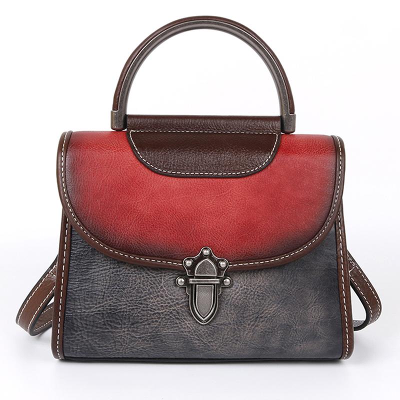 Sac bandoulière femme en cuir véritable, style rétro, couleur brossée, avec poignée supérieure.
