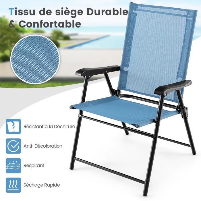 COSTWAY Juego de 2 sillas plegables de jardín en textilene transpirable, sillas de camping con cierre de seguridad y respaldo alto, color azul.