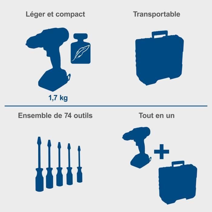 C-DTB74/2-X Cordless Drill Driver Kit - 50Nm, 13mm Chuck + 74 Accessories - SCHEPPACH 20V IXES + 2 x 2Ah Batteries + Charger