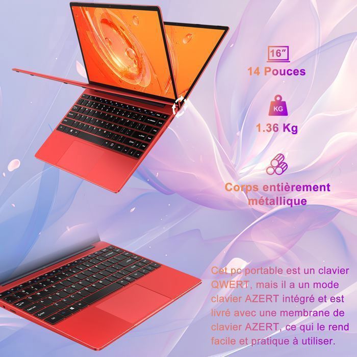 NOTODD PC Portable 14'' FHD - Ordinateur portable Windows 11 - RAM 6Go Stockage 256Go SSD - Celeron N4020 - HDMI- Avec souris -ROUGE