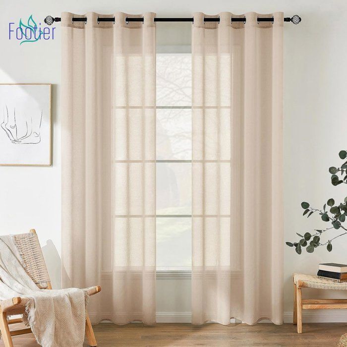 Set of 2 Sheer Eyelet Curtains, Semi-Transparent Indoor Curtains for Bedroom, Living Room, Home, 140x220 cm, Beige