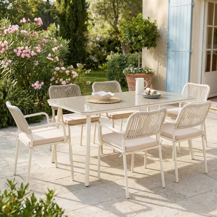 Mesa de jardín VOLONTE color beige con 6 sillas para 6 personas, tablero de cristal templado y estructura de aluminio.