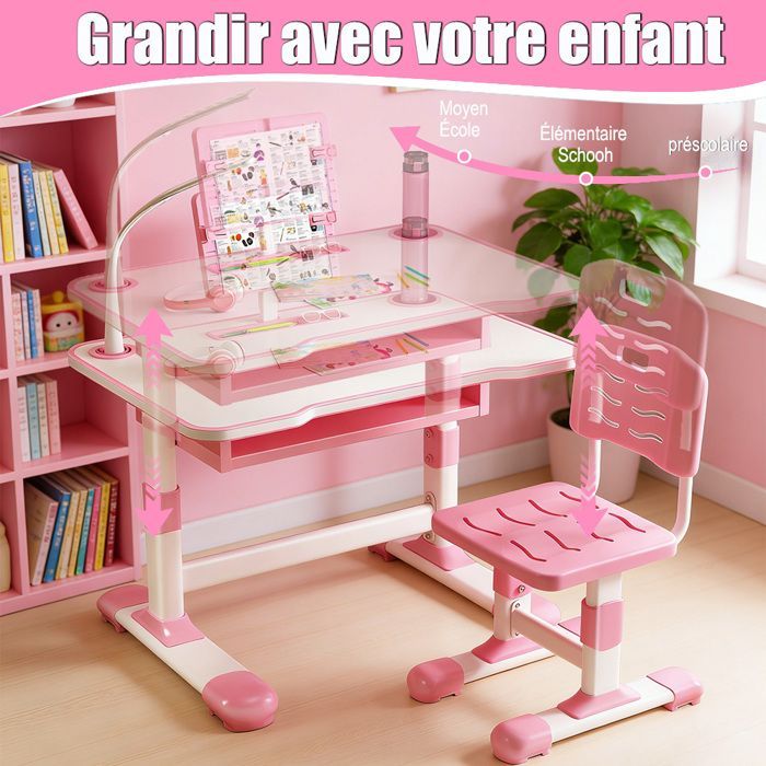 Bureau et Chaise dÉtude pour Enfants - Support de Lecture inclinable, Lumière LED - Hauteur réglable (3-18 ans)