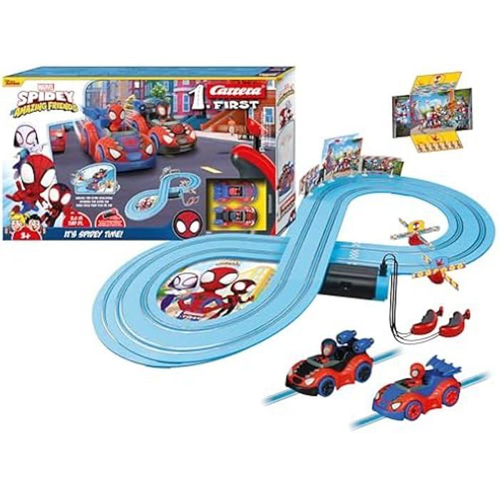 Pista de carreras de Spidey - ¡Es hora de Spidey!, 2,4 m de largo, coches a escala 1/50, Carrera First, a partir de 3 años.