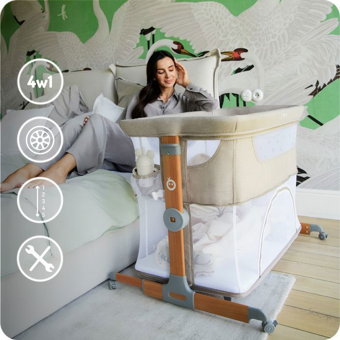 MoMi SMART BED – Lettino co-sleeping 4 in 1 per neonati – Regolabile in altezza e inclinazione – Dotato di zanzariera, materasso e accesso laterale – Beige