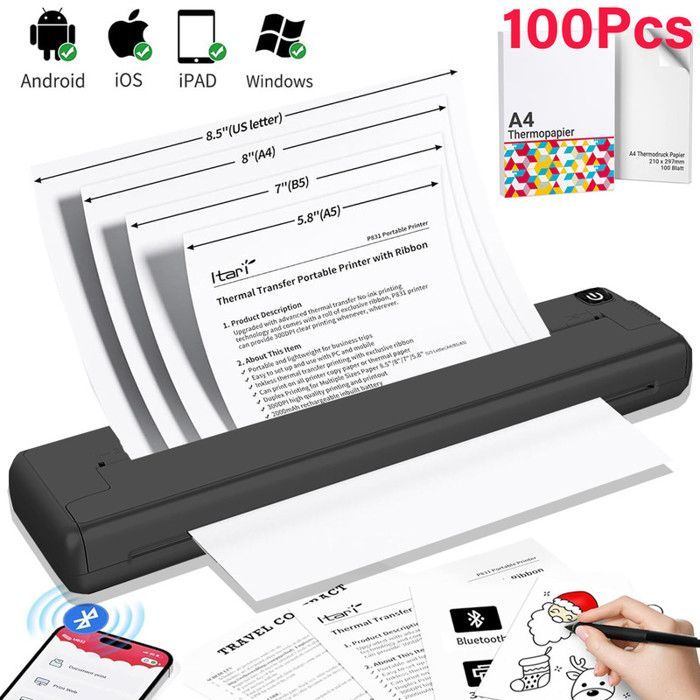 Impressora Bluetooth com 100 folhas de papel A4 (210 x 297 mm), impressora térmica, compatível com Android, iOS e Windows.