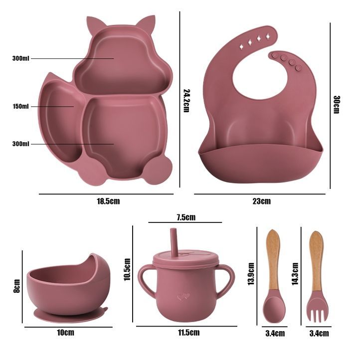Coffret Repas Bébé Silicone sans BPA, Ensemble de assiette pour Bébé Service de table enfants, Rose