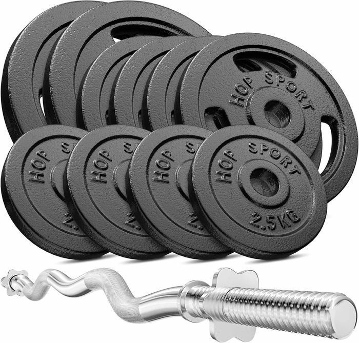 Hop-Sport 57kg Cast Iron Dumbbell Set, SZ-Curl Bar, Weight Plates, Complete Dumbbell Set for Home Strength Training