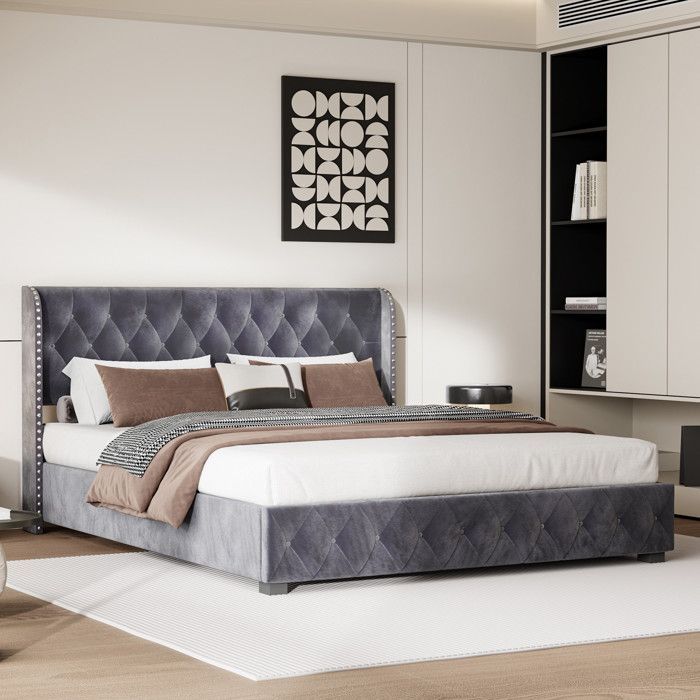 Letto 160x200 cm - Letto contenitore da 160 cm con rete a doghe - Testiera imbottita e borchiata - Eleganza e comfort - Velluto grigio antracite