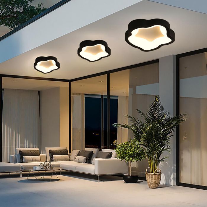 Lámpara de techo LED moderna negra WOTTES - Lámpara de techo de 14 W con diseño floral en luz blanca cálida para pasillo y baño - 1 unidad, 23 cm de diámetro