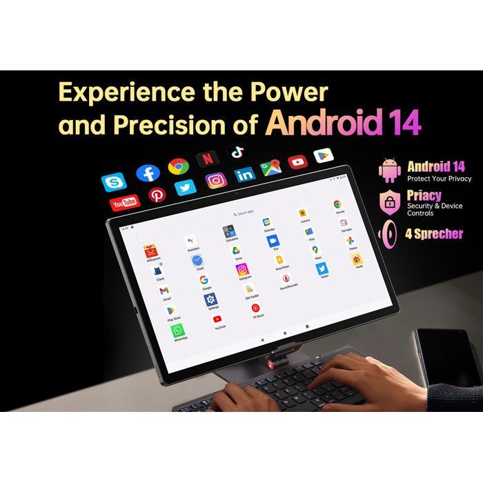 Tablet MESWAO de 15,6 polegadas com Android 14, 12 GB de RAM + 128 GB de ROM, bateria de 12000 mAh, Bluetooth 5.0, Wi-Fi 2.4G/5G e câmera de 32 MP.
