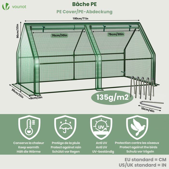 Mini invernadero de jardín VOUNOT® de 180x90x90 cm, color verde, con 2 puertas enrollables con cremallera y cubierta de PE reforzada de 135 g/m².