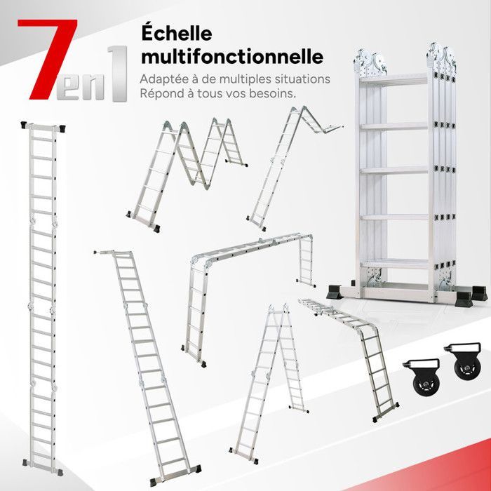 Échelle multifonctionnelle OUTIGO, 7 en 1, pliable, adaptée à un usage domestique, 20 marches, Longueur totale 5.7 mètres