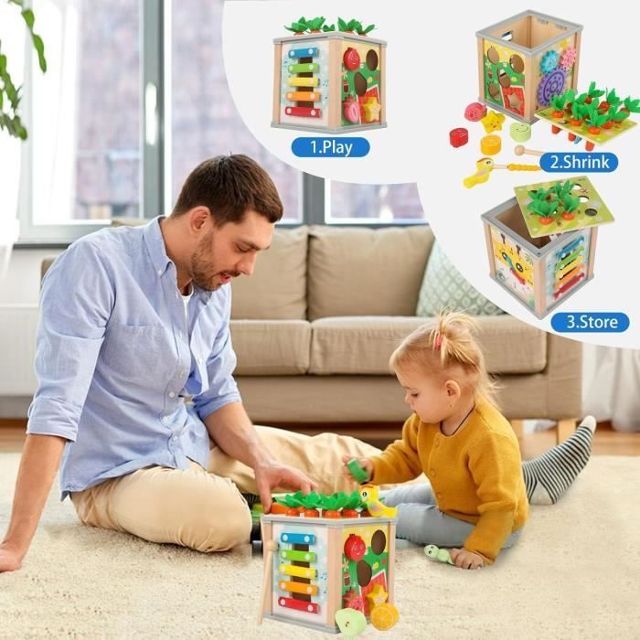 Cube d'Activité Bébé Montessori en Bois - Jouet 6 en 1 avec Trieur de Formes et Horloge