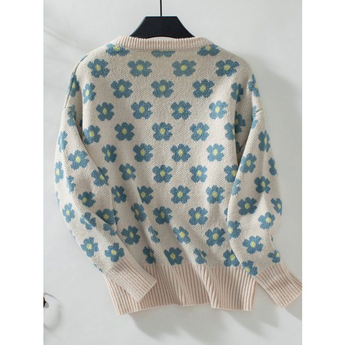 Jersey de mujer – Jacquard floral – Cuello en V – Manga larga – Otoño/Invierno – Talla europea – Color crudo