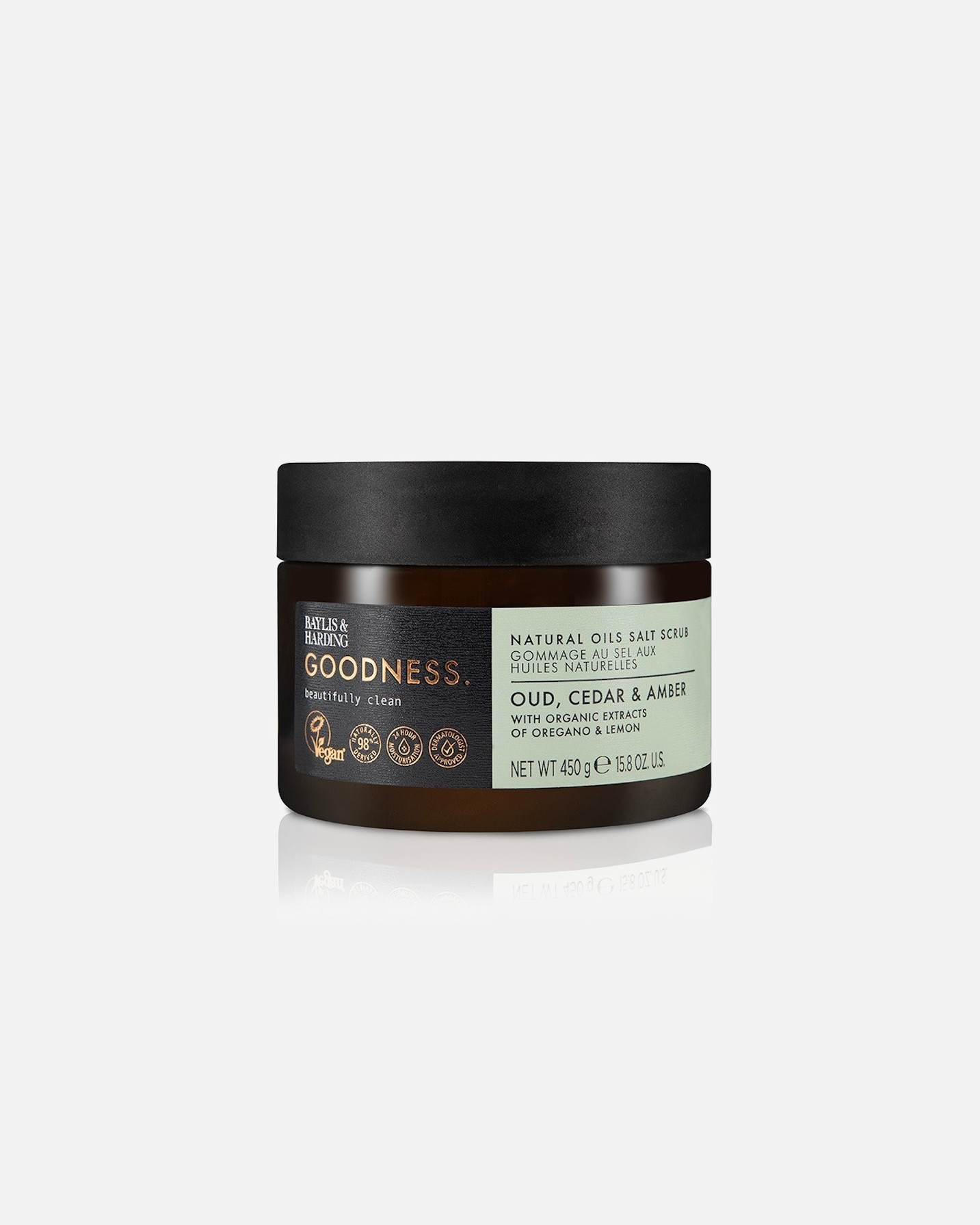 Baylis & Harding Piling za tijelo s prirodnim uljima, Piling od soli s oudom, cedrom i amberom – 450 g