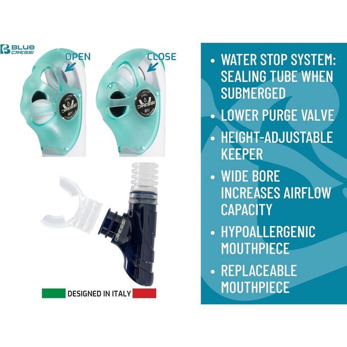 Conjunto CRESSI Horizon+Scilla con 4 lentes templadas y tubo de snorkel seco - Unisex para buceo/snorkel, azul marino