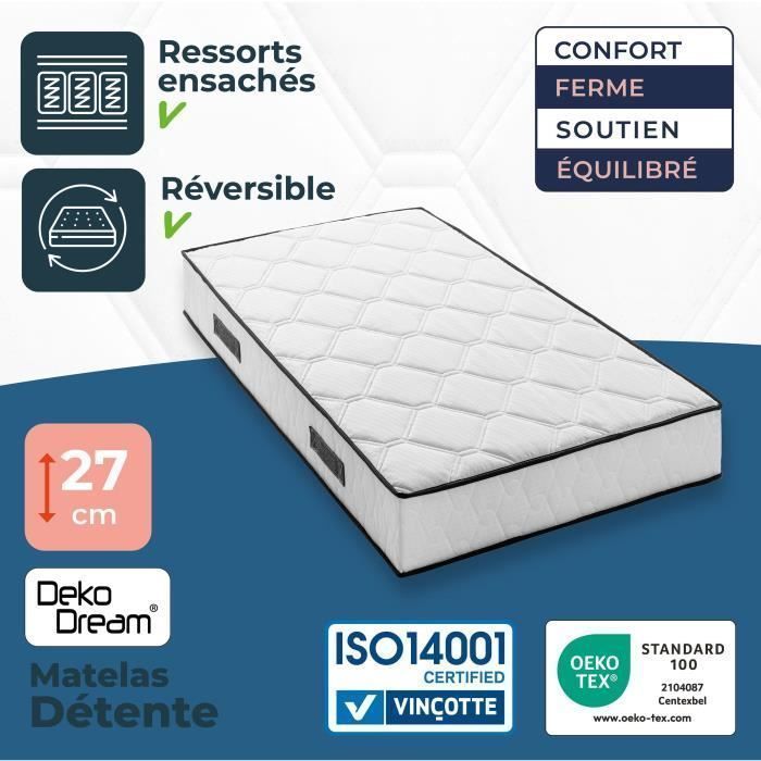 Matratze und Lattenrost 90 x 200 cm, 27 cm hoch – Taschenfederkern – 7 Zonen – wendbar – hergestellt in Belgien – DEKO DREAM
