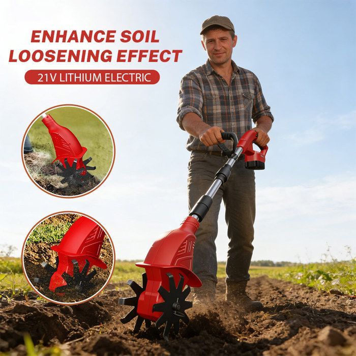 Motocultor eléctrico - 1 batería - Motocultor eléctrico inalámbrico de 21 V - 360 RPM - Para césped, jardinería y cultivo de la tierra