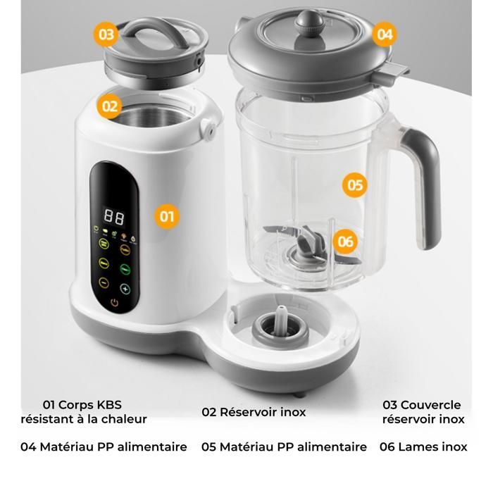 Processador de alimentos para bebês 4 em 1 com vaporizador e liquidificador, capacidade de 400 ml, autolimpante, livre de BPA, com temporizador, cinza.
