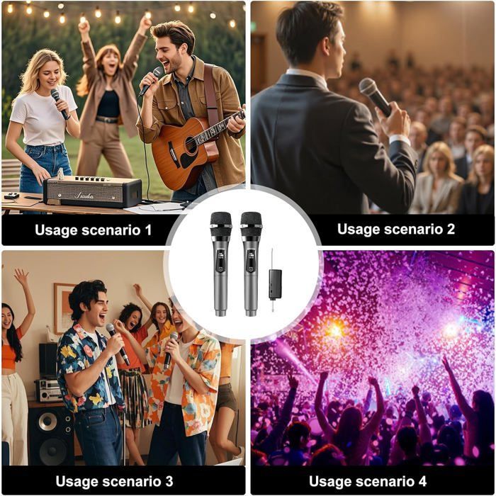 Kit microfono wireless - Sistema dinamico professionale - Portata di 60 metri - Ricaricabile tramite USB-C - Ideale per il karaoke