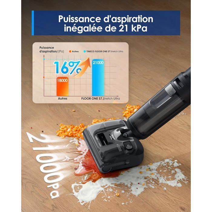 Aspirateur Balai Laveur - TINECO - Floor One S7 Stretch Ultra - 21 kPa - 50 min autonomie - Noir