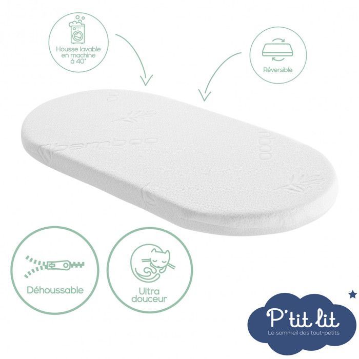 P'tit Lit - Bamboe wiegmatras - 72x32 cm - Zachte en zijdezachte viscose - Omkeerbaar - Ideaal voor kinderwagens, wiegjes en ledikanten