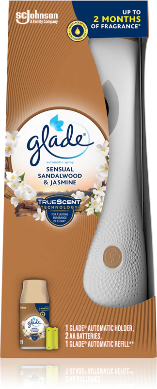 Aromatizador de ambiente automático GLADE com aroma de sândalo e jasmim, com refil de sândalo e jasmim.