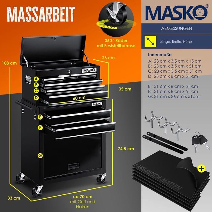 Carrello da officina - MASKO - 9 cassetti con serratura - Acciaio massiccio - Ruote piroettanti con freno