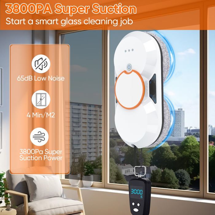 Robot limpiacristales de 3800 Pa, robot de lavado de ventanas con doble rociador de agua automático y sistema de protección múltiple.