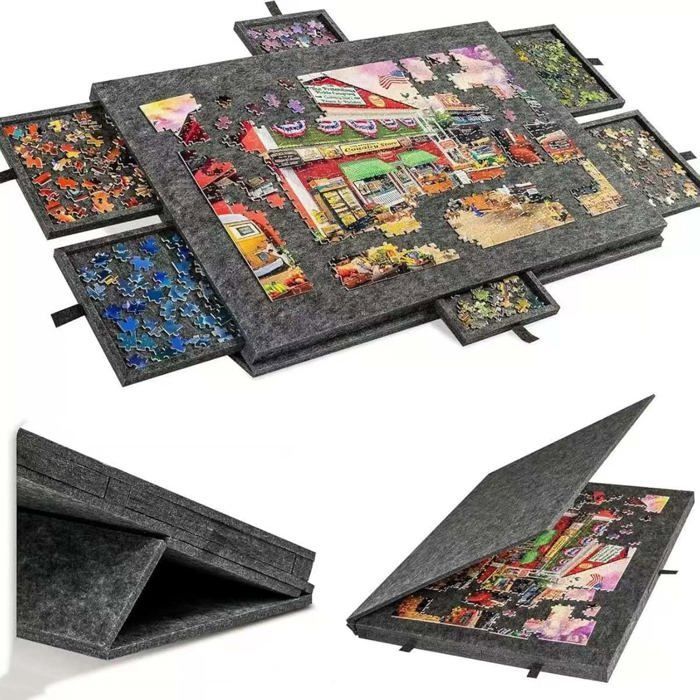 Tabuleiro de quebra-cabeça portátil, mesa inclinável com suporte ajustável, tampa e 6 gavetas organizadoras, para até 1000 peças.