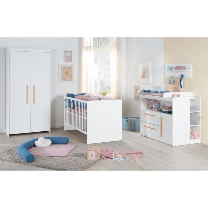 Conjunto completo para habitación infantil Lilo - ROBA - Cuna convertible de 70x140 cm + cambiador + armario de 2 puertas - Blanco