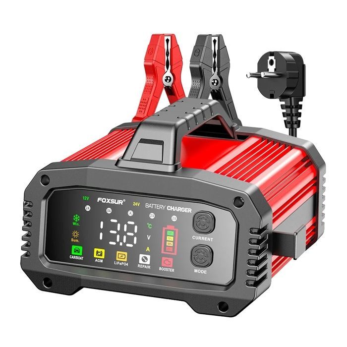 Cargador de batería inteligente para coche, salida de 12 V 25 A, con funciones de protección integradas, color rojo.